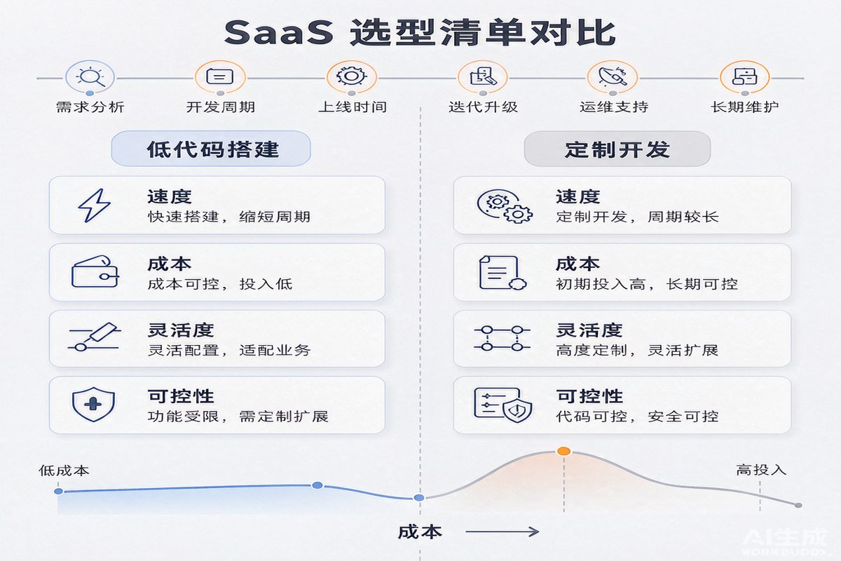 遥遥科技-云南专业开发团队 低代码搭建与定制开发在速度成本灵活度可控性上的对照信息图