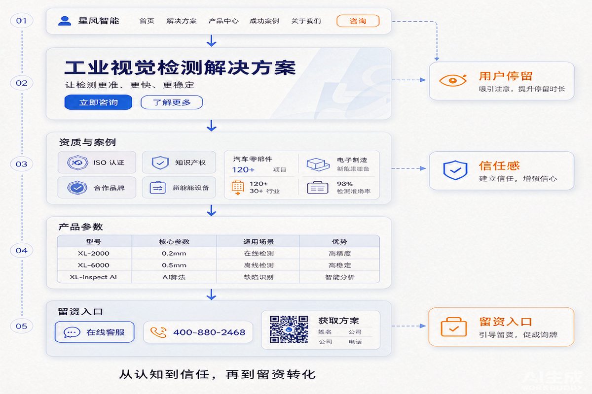 遥遥科技-云南专业开发团队 企业官网从首屏到联系按钮的询盘转化路径信息图