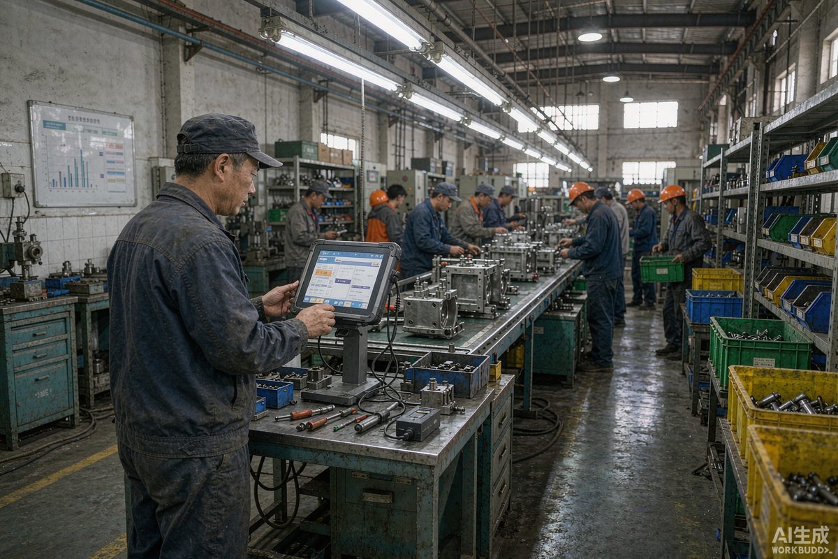 机械制造车间工人在工位触摸屏终端上操作生产报工
