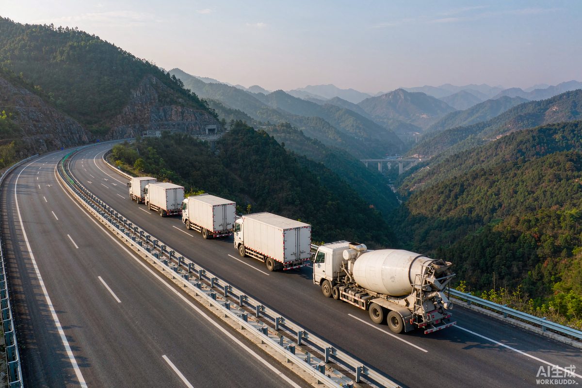 云南山区高速公路上行驶的物流货车车队