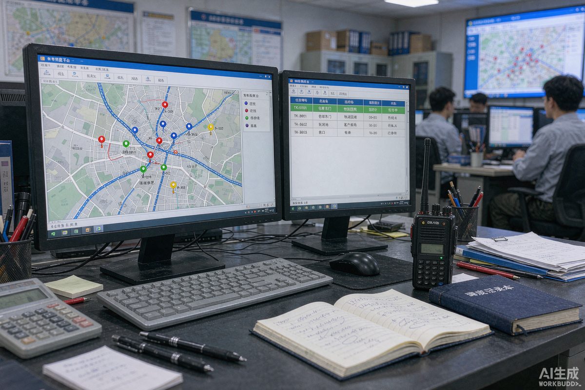 车队调度中心办公场景电脑屏幕显示车辆位置地图与运输任务列表