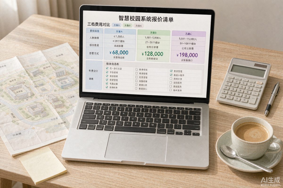 遥遥科技-云南专业开发团队 笔记本屏幕显示智慧校园系统报价清单与模块勾选表格旁边放着计算器和校园导览图