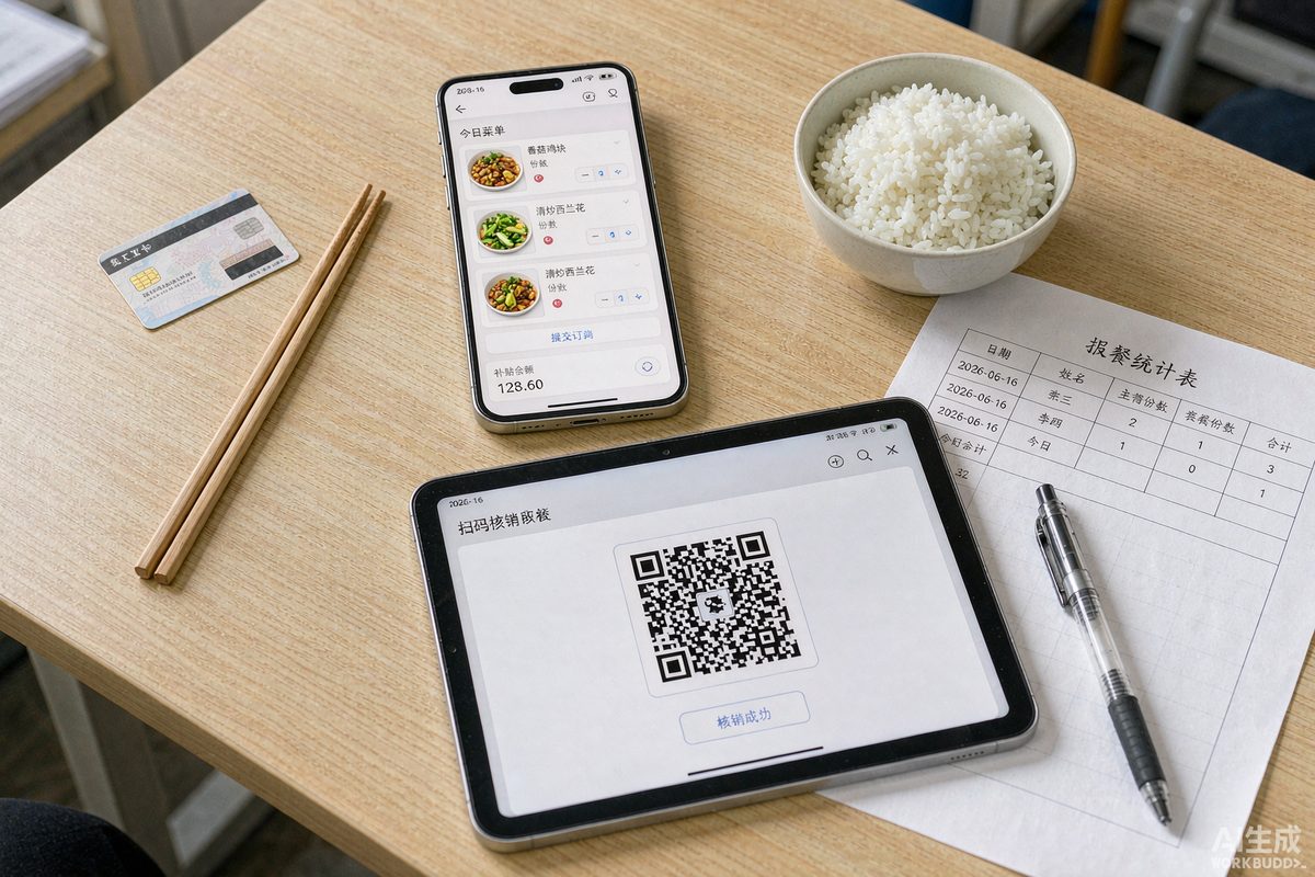 桌面俯拍手机和平板显示食堂订餐小程序菜单与取餐核销二维码旁边放着餐卡和报餐统计表
