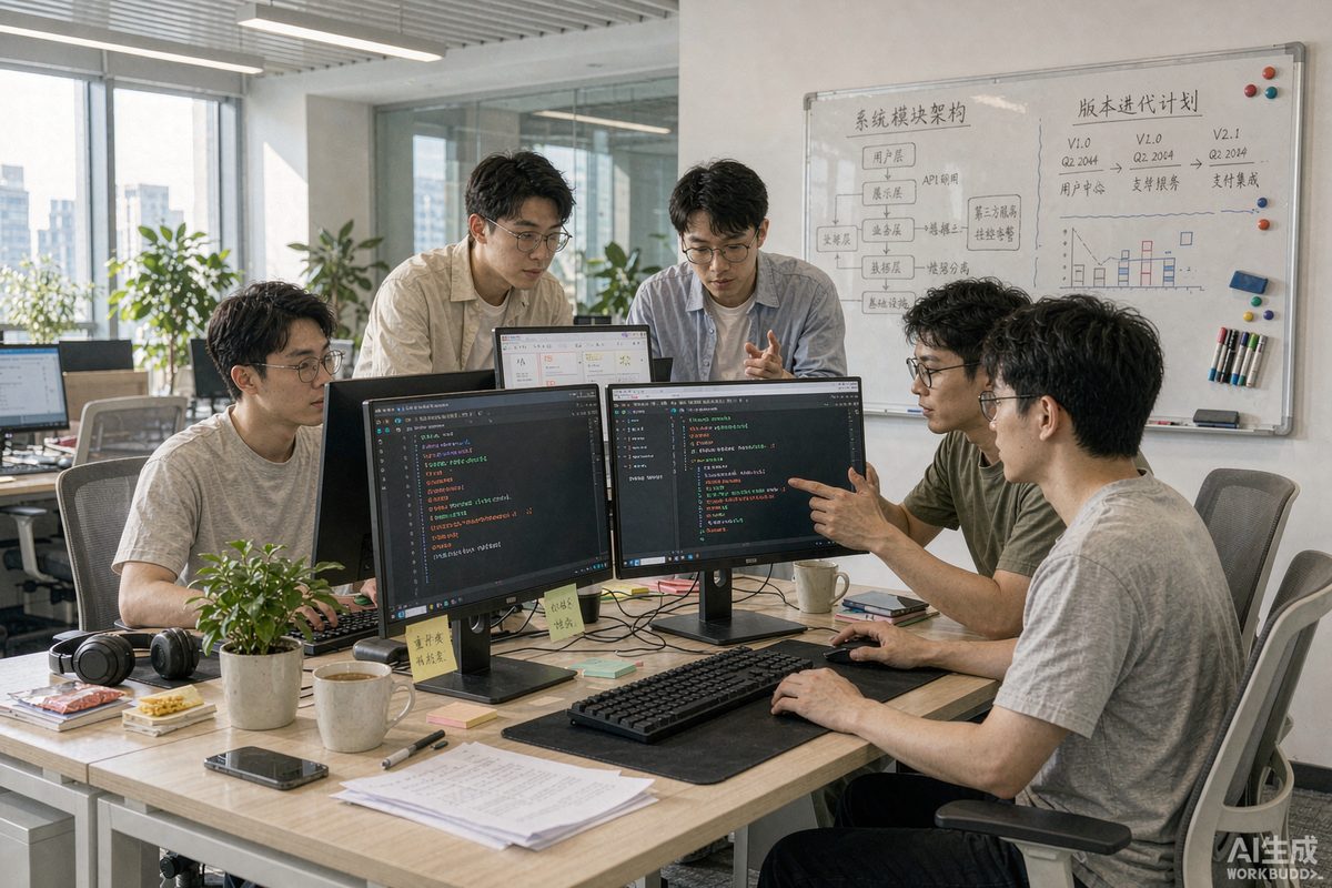 软件开发团队办公室程序员围在双屏工位前墙上白板画着系统模块架构草图和迭代计划